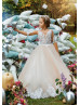 Elbow Sleeves Ivory Lace Champagne Tulle Flower Girl Dress